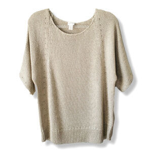 Chicos Gold Beige Knit Short Sleeve Sweater 2 L Neutral Classic Coastal Holiday